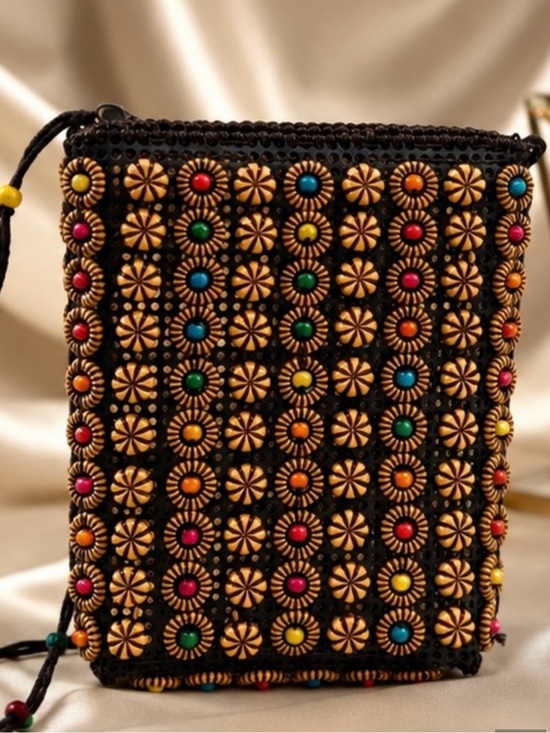 Handmade Handbags - Handcrafted Black Beaded Crossbody with Multicolor Medallions